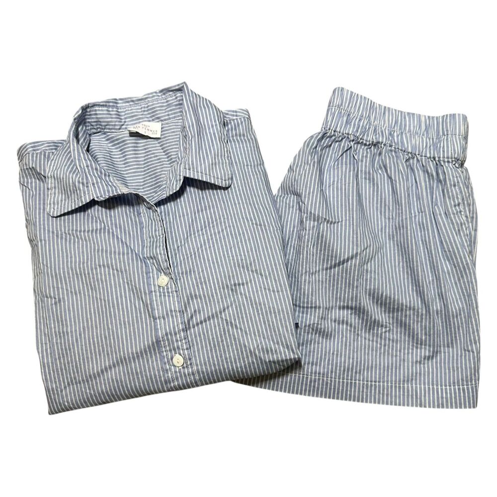 Pour Les Femmes Blue White Striped Long Sleeve Button Up Top & Shorts Pajama Set